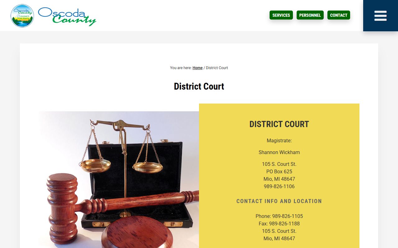 Oscoda County District Court records page with magistrate and court contacts