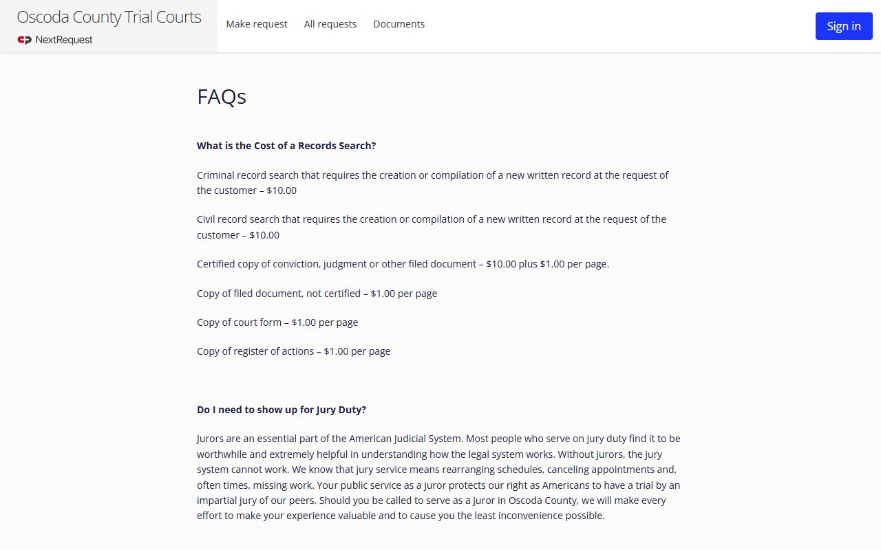 Oscoda County court records request FAQ showing copy fees and payment rules