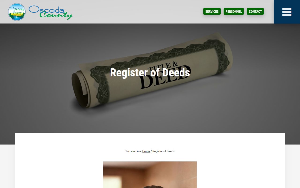 Oscoda County Register of Deeds office page with hours and vital records contact block