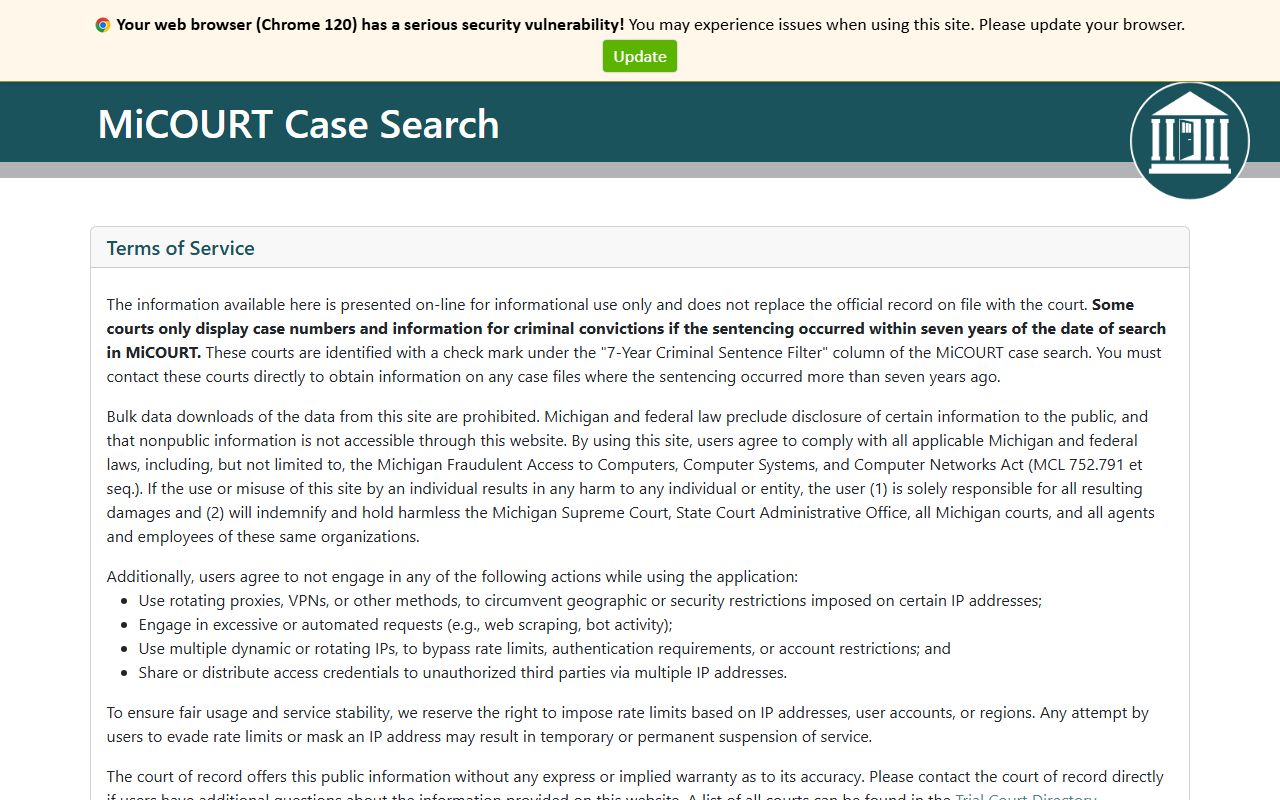 Oscoda County court dockets accessed through the Michigan MiCOURT Case Search portal