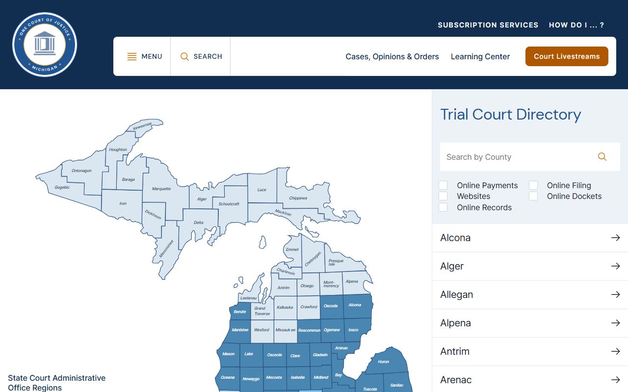 Oscoda County court dockets located through the Michigan trial court directory