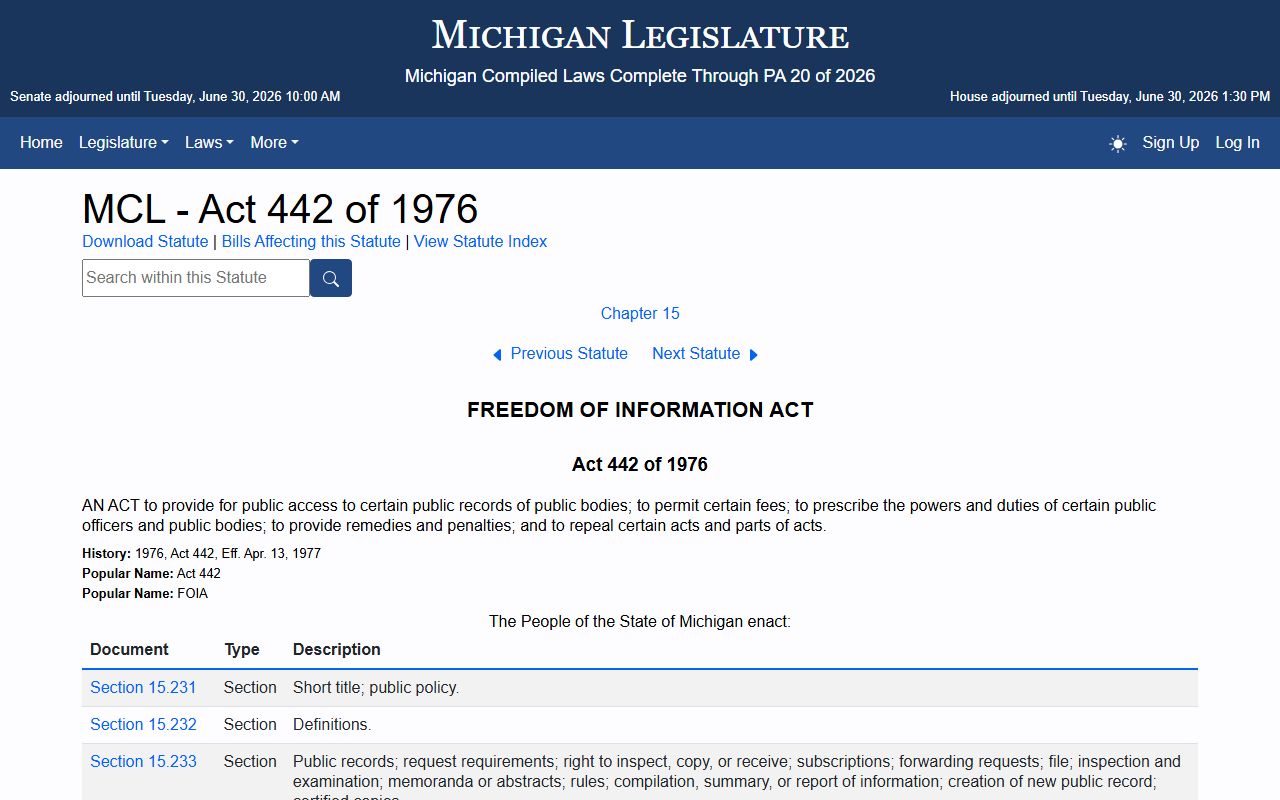 Michigan Freedom of Information Act text for Oscoda County records requests