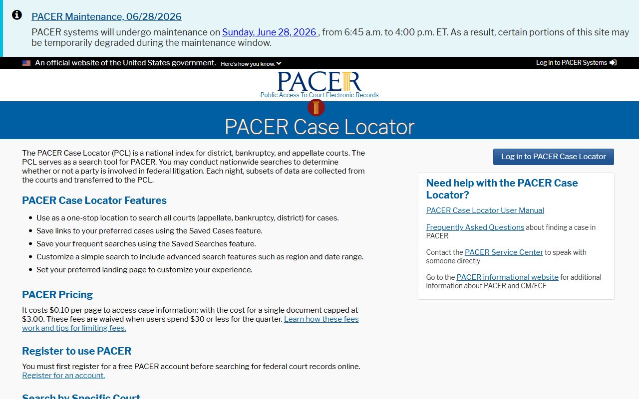 PACER Case Locator for federal cases linked to Oscoda County