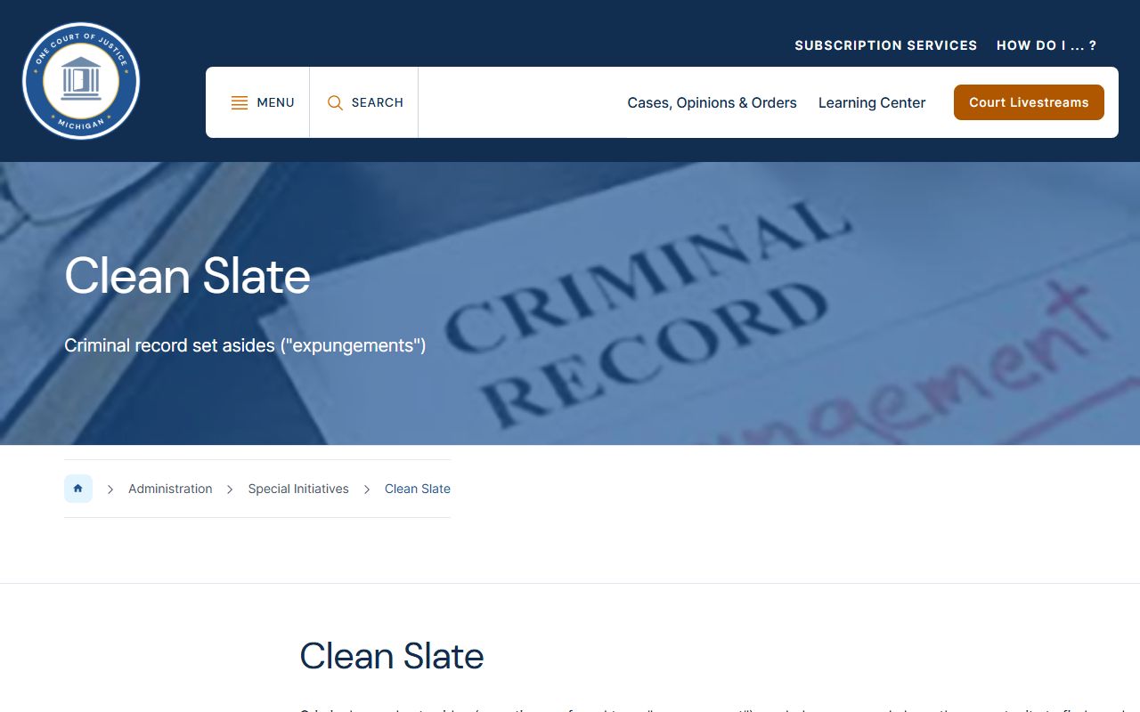 Michigan Courts Clean Slate page explaining set-aside relief for Oscoda County criminal court records