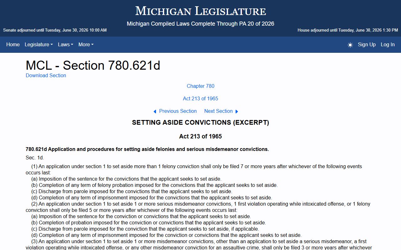 Michigan MCL 780.621d set-aside procedure statute for Oscoda County criminal court records