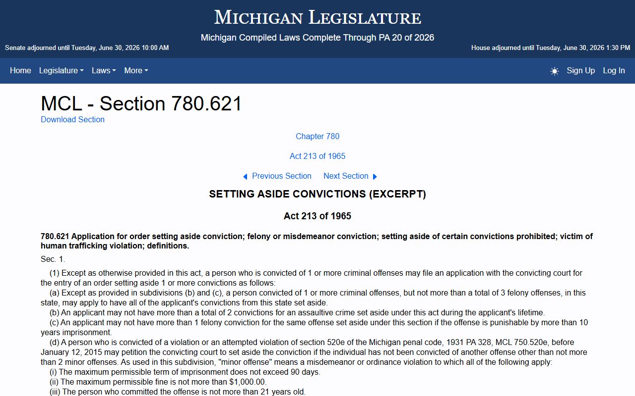 Michigan MCL 780.621 set-aside statute page relevant to Oscoda County criminal court records