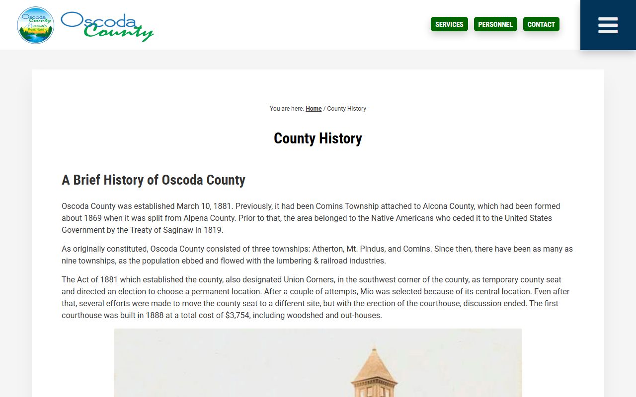 Oscoda County history page connected to county court records