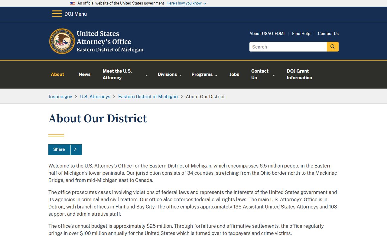 U.S. Attorney Eastern District of Michigan page tied to Oscoda County court records