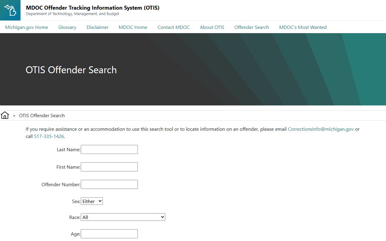 Oscoda County inmate search on the Michigan MDOC OTIS search application