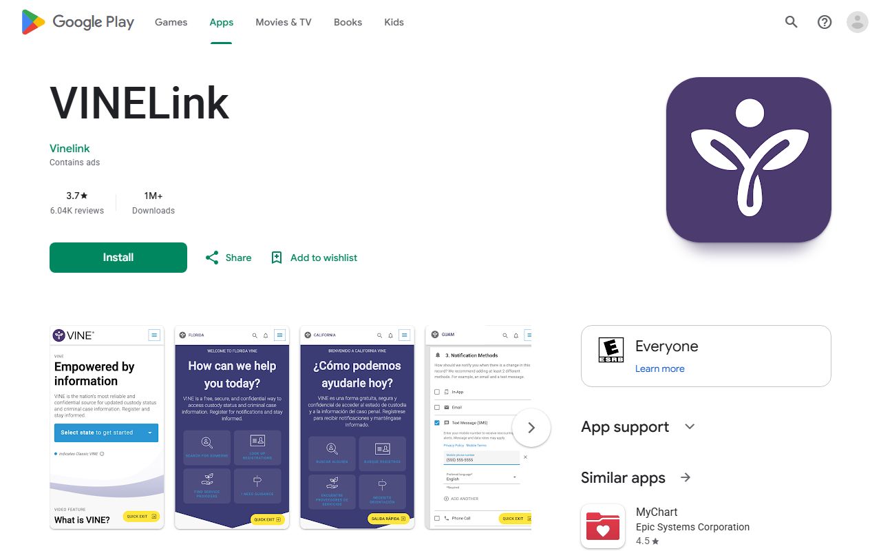 Oscoda County inmate custody notifications through the VINELink Android application listing
