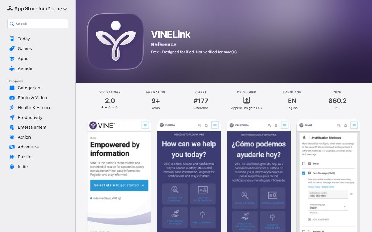 Oscoda County inmate custody alerts through the VINELink iOS application listing