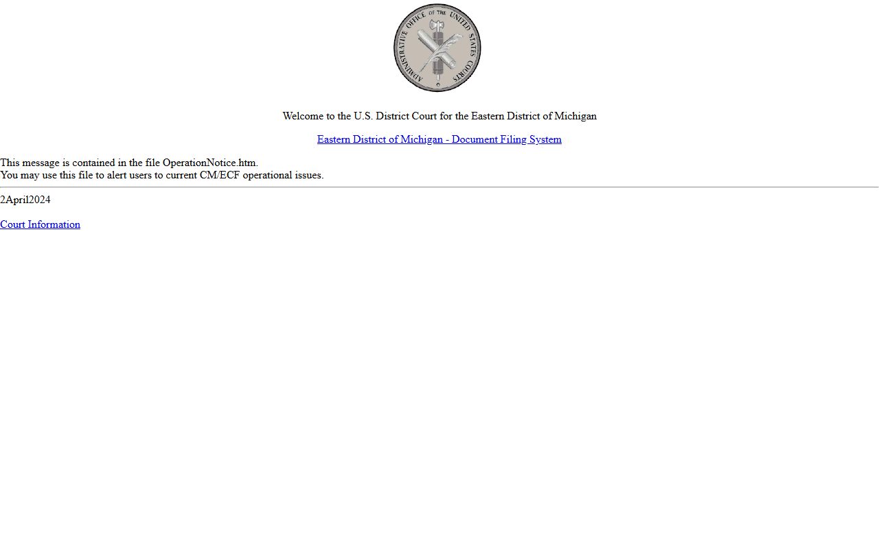 CM/ECF electronic filing system for the Eastern District of Michigan used for federal records tied to Oscoda County estate debt