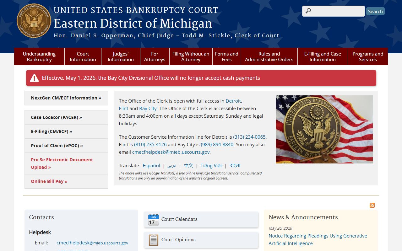 U.S. Bankruptcy Court for the Eastern District of Michigan homepage relevant to Oscoda County probate and estate-debt records