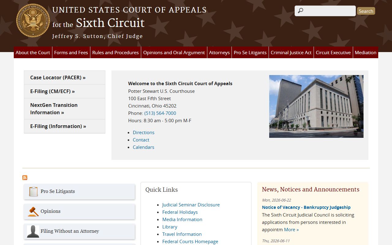 U.S. Court of Appeals for the Sixth Circuit page covering the federal appeals path for Oscoda County estate and bankruptcy records